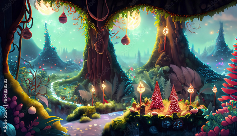 Fototapeta premium Fairytale winter landscape with christmas vibes in the fantasy jungle land