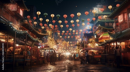 A bustling night market in a bustling Asian city, awash in a sea of colorful lanterns and street food stalls.
