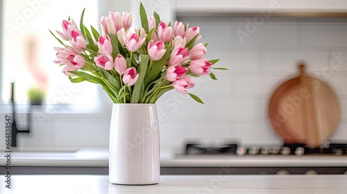 A white vase full of pink flowers is sitting on counter. © MdKamrul