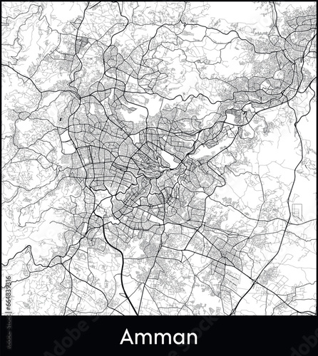 Amman Minimal City Map (Jordan, Asia) black white vector illustration