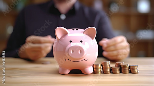Businessman putting coin into piggy bank, savings and investment concept
