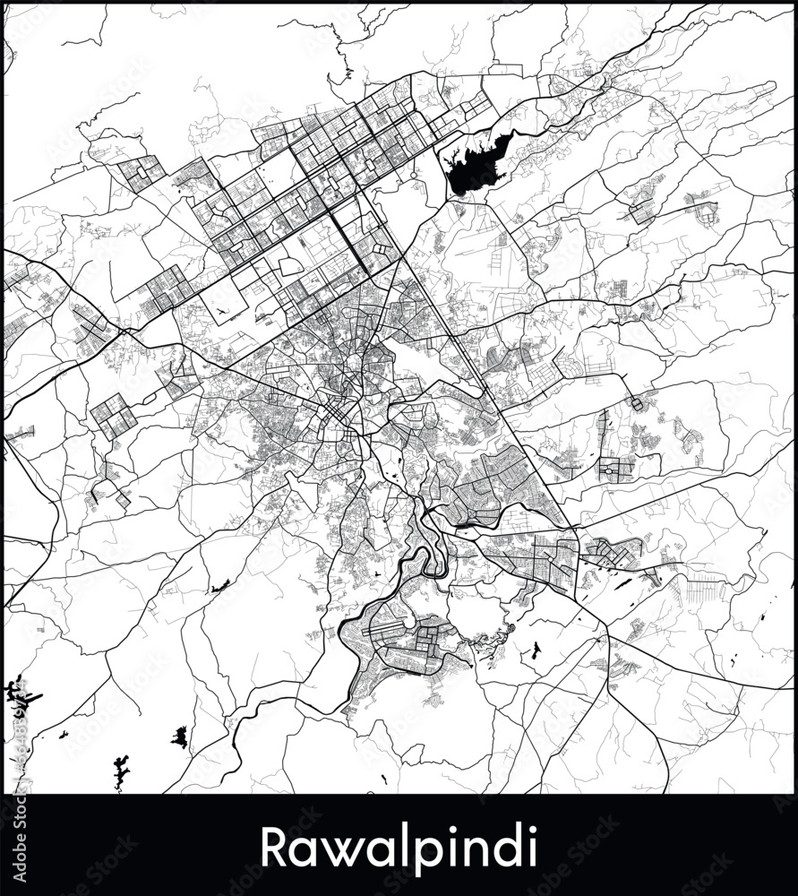 Fototapeta premium Rawalpindi Minimal City Map (Pakistan, Asia) black white vector illustration