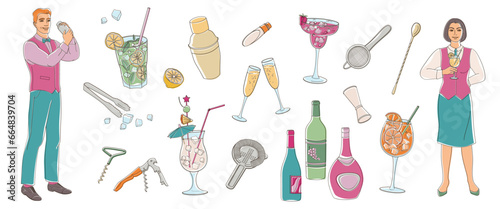 Male and female bartender with drinks, set elements about bar, cocktails, ice, corkscrew, shaiker, barman tools