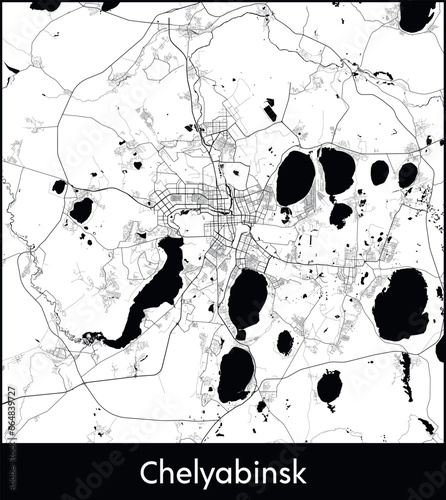 Chelyabinsk Minimal City Map (Russia, Asia) black white vector illustration