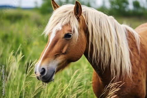 Brown horse with blond hair eats grass on a green meadow detail from the head.