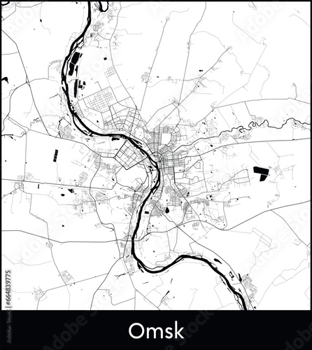 Omsk Minimal City Map (Russia, Asia) black white vector illustration