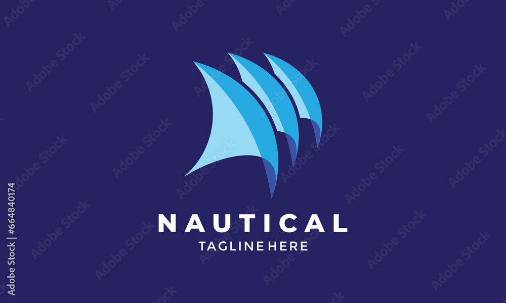 Nautical ship sailing logo vector minimalist design yachting boating maritime blue sea ocean wave transportation vacation trip icon