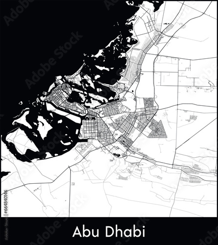 Abu Dhabi Minimal City Map (United Arab Emirates, Asia) black white vector illustration
