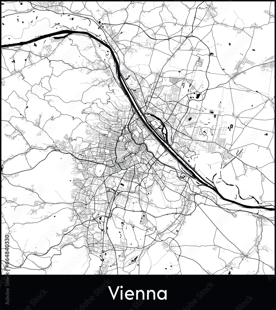 Obraz premium Vienna Minimal City Map (Austria, Europe) black white vector illustration