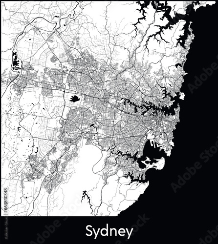 Sydney Minimal City Map (, Australia) black white vector illustration