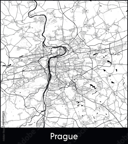 Prague Minimal City Map (Czech Republic, Europe) black white vector illustration