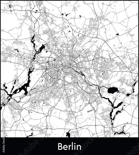 Berlin Minimal City Map (Germany, Europe) black white vector illustration