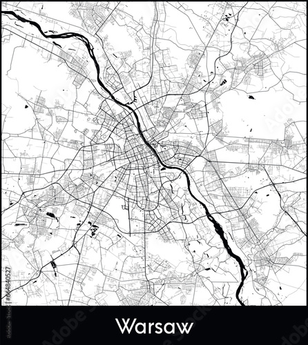 Warsaw Minimal City Map (Poland, Europe) black white vector illustration