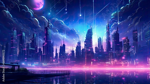  A futuristic  cyberpunk inspired cityscape at night.