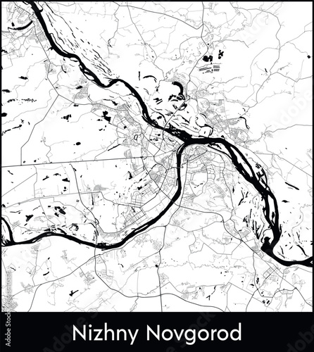 Nizhny Novgorod Minimal City Map (Russia, Europe) black white vector illustration