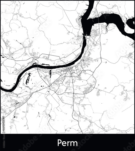 Perm Minimal City Map (Russia, Europe) black white vector illustration