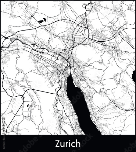 Zurich Minimal City Map (Switzerland, Europe) black white vector illustration