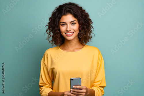 Woman holding cell phone in her hands and smiling.