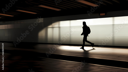 Silhouette of a man running to the metro station