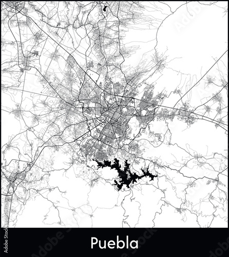 Puebla Minimal City Map (Mexico, North America) black white vector illustration