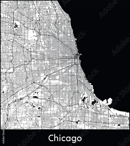 Chicago Minimal City Map (United States, North America) black white vector illustration