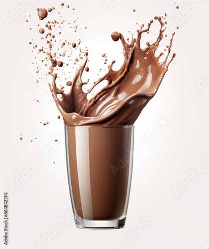 Glass with splashing cocoa, Chocolate Pouring, and splash. 3d illustration.