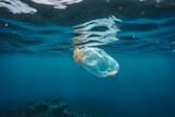 Floating plastic pollution in the ocean, depicting climate change, pollution, and sustainability. Generative AI