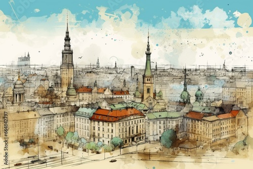 Hand-drawn panorama of Warsaw on a white background. Generative AI