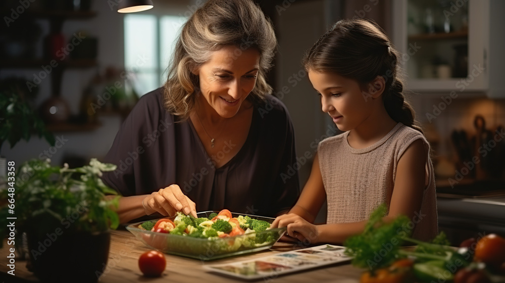 Elderly women and mothers prepare healthy meals in the kitchen while adding broccoli to salads and watching tutorials on laptops.