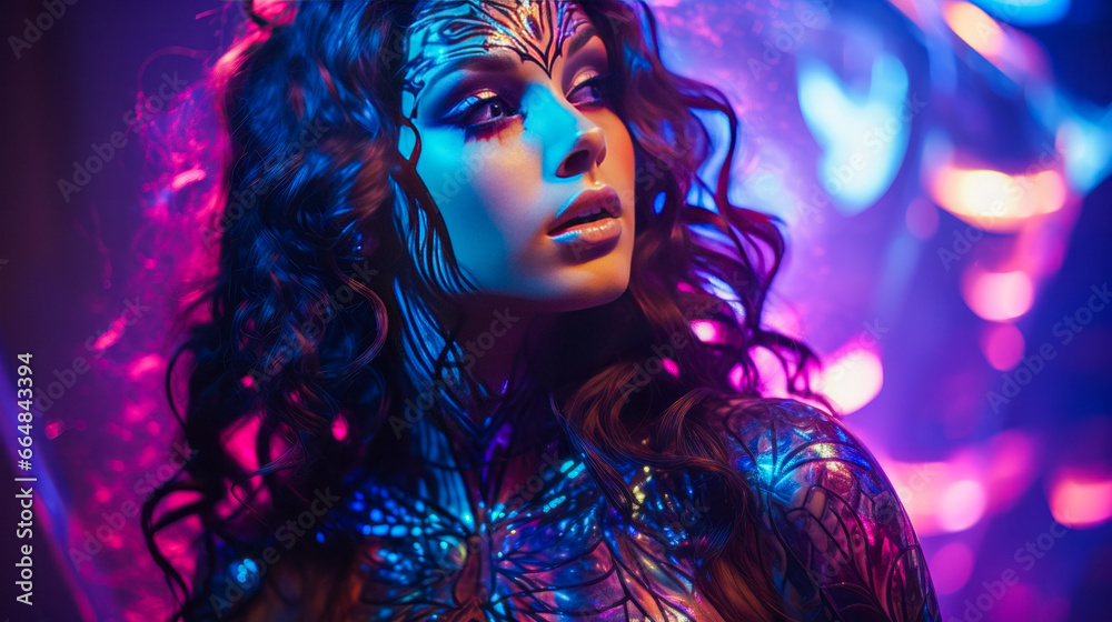 Young brunette in UV glow body paint amid luminescent bubbles.