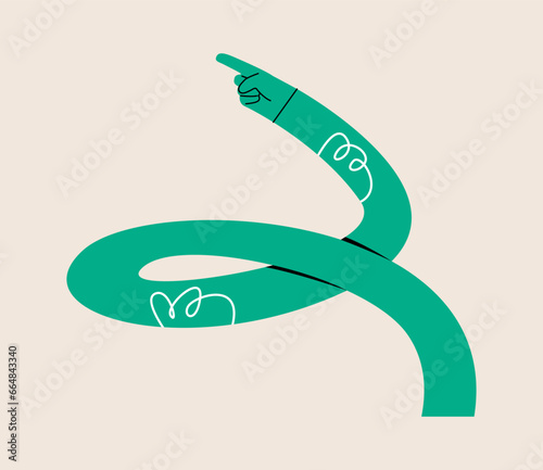 Funny long hand points to empty space. Colorful vector illustration