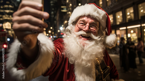 Happy santa taking a selfie in busy city street. Holiday, festive season.