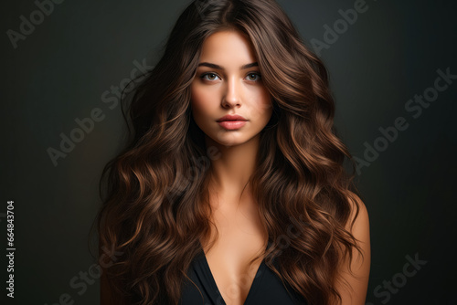 Woman with long brown hair and black dress.