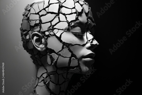 Woman's face is shown through cracked wall.