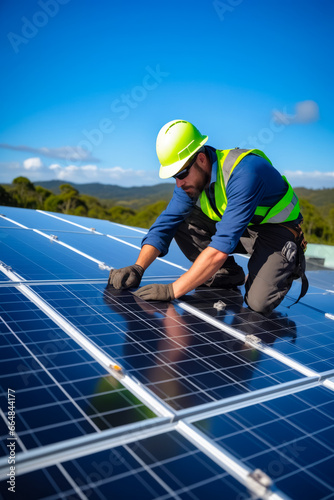 Man in hard hat and safety gear working on solar panel.