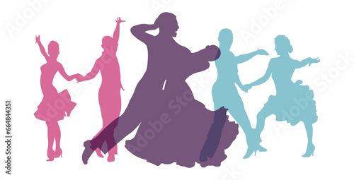 Ballroom Dancing Association.Silhouettes of dancing pairs.Ballroom dancing school banner.Flat vector illustration.