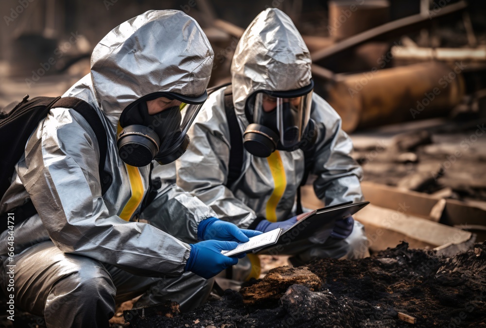 Lab Work - Two Scientists in Protective Suits with Tablet