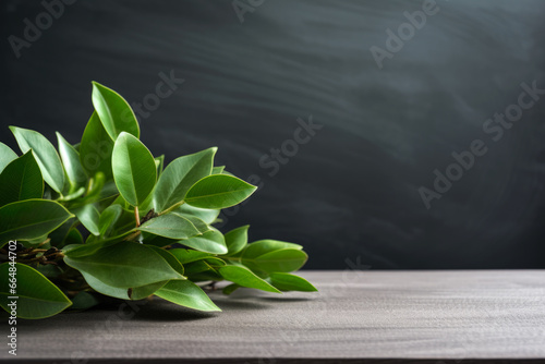 Fresh bay leaves on a grey wooden background