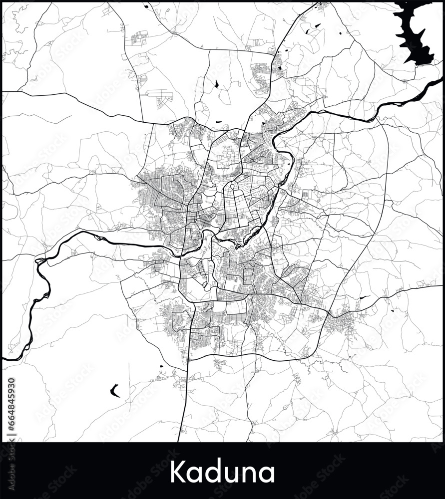 Kaduna Minimal City Map (Nigeria, Africa) black white vector illustration