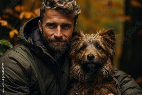 Attractive Man Hugging Her Dog For A Portrait - Photo Shoot - Generative AI