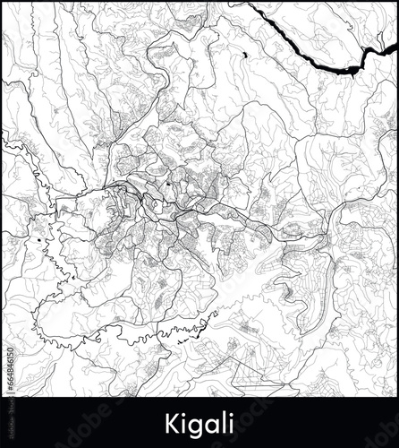 Kigali Minimal City Map (Rwanda, Africa) black white vector illustration
