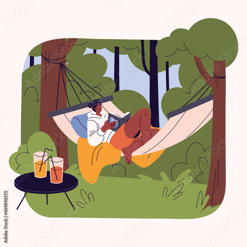 People rest on nature, outdoors in summer. Young woman lying, relax in hammock, reading paper book in wood, house backyard. Woodland holiday with juice glasses. Flat isolated vector illustration
