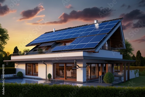 Modern house with blue solar panels on the roof. End of the day, sunset.