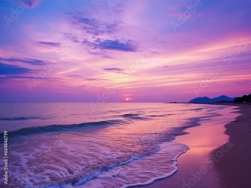 Summer beach with blue water and purple sky at the sunset.