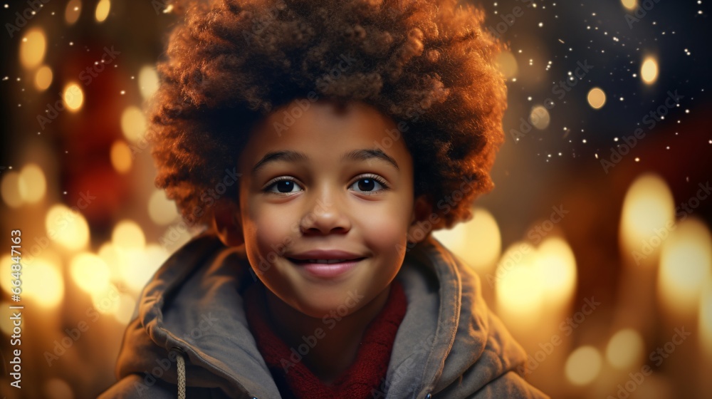 Young Person with Afro Hair Smiles Near Candles Young Person with Afro Hair Smiles Near Candles