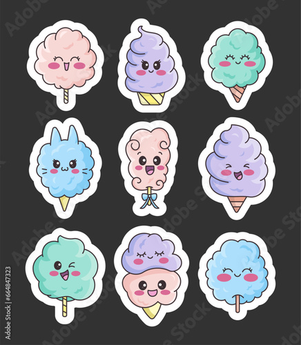 Cotton candy characters. Sticker Bookmark. Sweet sugar dessert food for kids. Cute kawaii food with cartoon faces. Hand drawn style. Vector drawing. Collection of design elements.