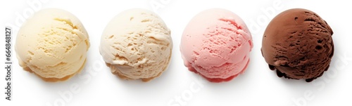Set of four various ice cream balls or scoops isolated on white background.