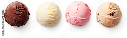 Set of four various ice cream balls or scoops isolated on white background.