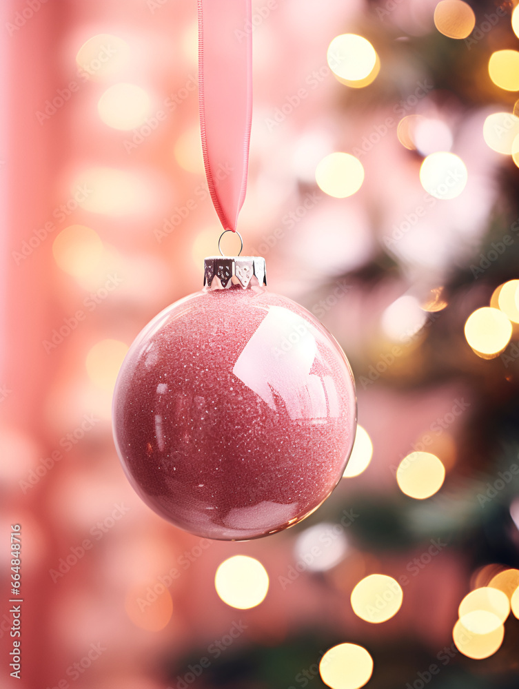 Fototapeta premium Close up of a pink mock up Christmas ornament hanging on a tree, blurred lights background
