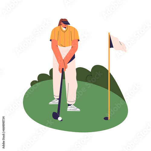 Golf player putt ball in hole. Professional golfer standing, hold club in hand. People at sport game training. Woman play with putter on field. Flat isolated vector illustration on white background